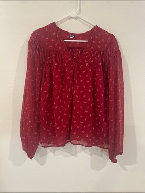 Old Navy Burgundy Floral Tie-Front Sheer Blouse